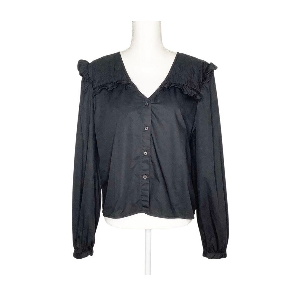 The Shirt Rochelle Behrens Black Button Down Ruffle Trim V-Neck Shirt Large